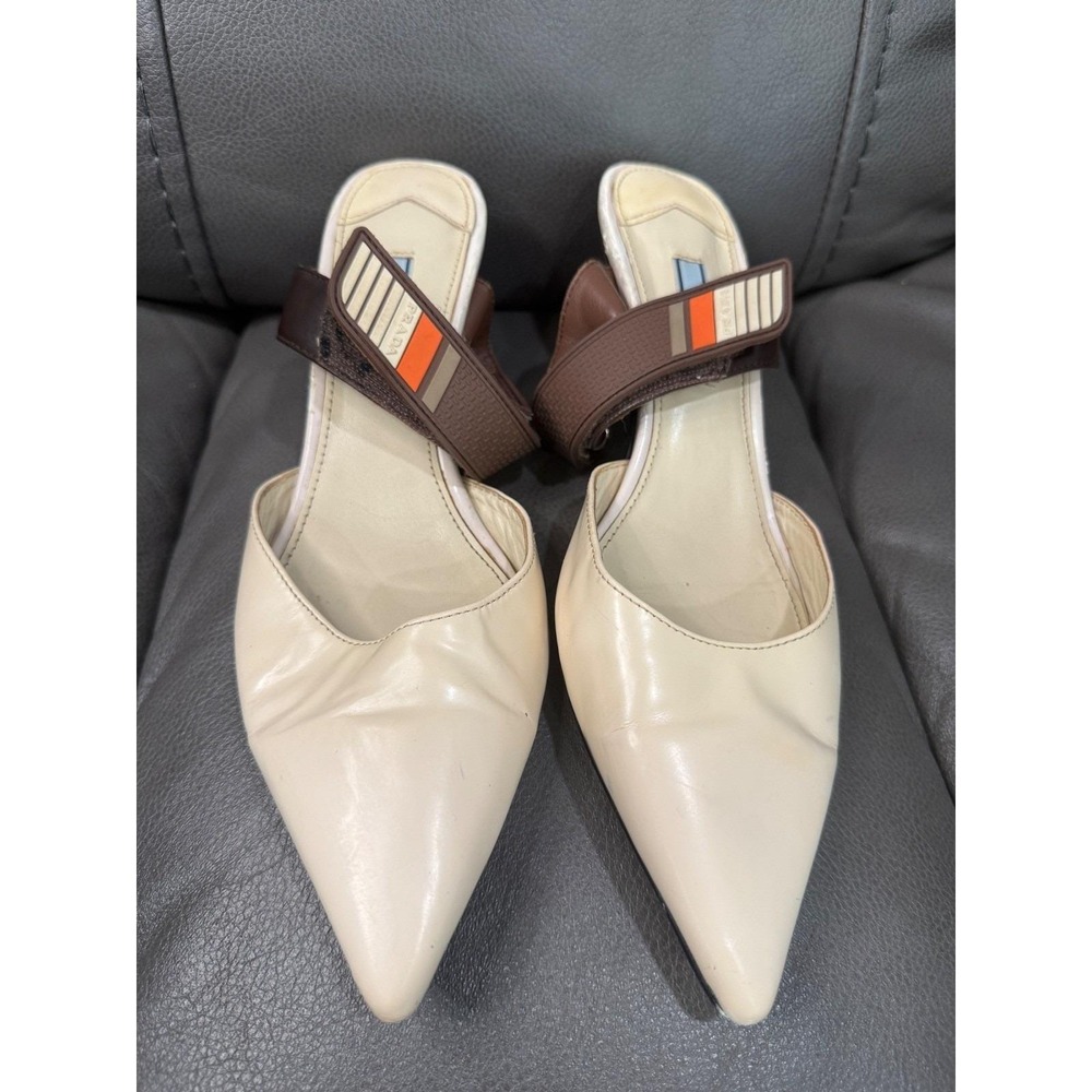 Prada Pointed Toe Kitten Heel Mules Cream Brown Logo Strap Size 40 Made in Italy